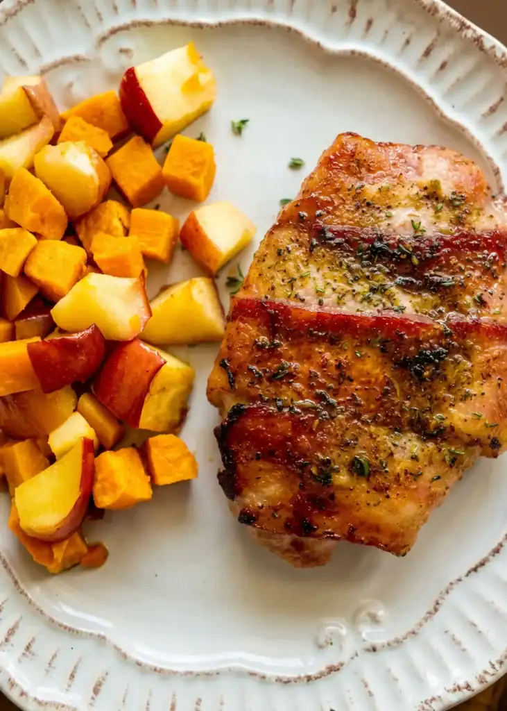 Bacon-Wrapped Pork Chops Sheet Pan Dinner with Sweet Potatoes & Apples