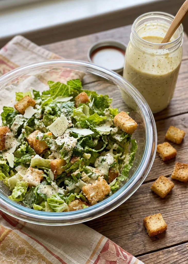 Homemade Caesar Salad with Mason Jar Dressing and Croutons