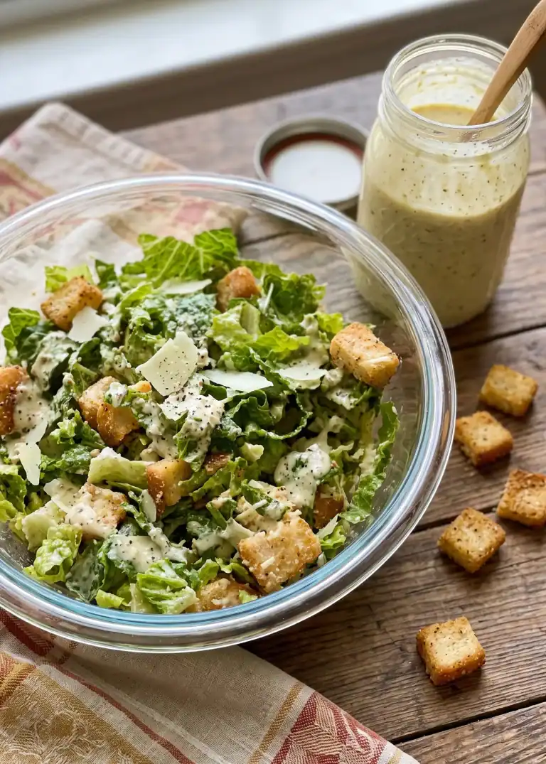 Homemade Caesar Salad with Mason Jar Dressing and Croutons