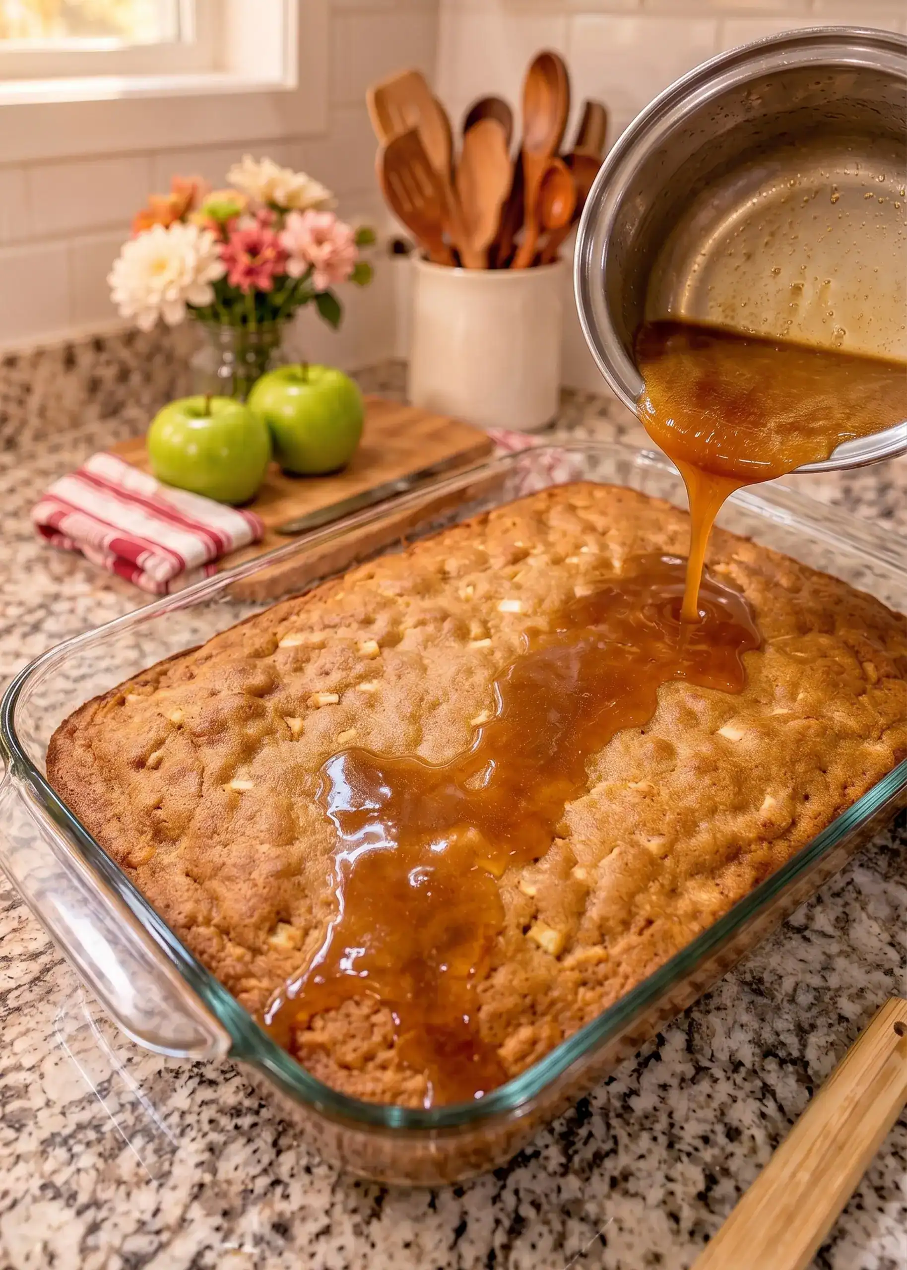Old fashioned apple dapple cake with brown sugar glaze in a 9x13 pan